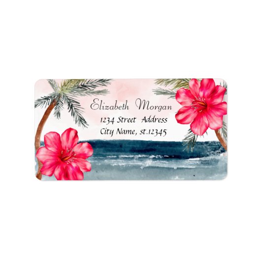 水彩ビーチ，手のひら，ハイビスカス ラベル (正面)