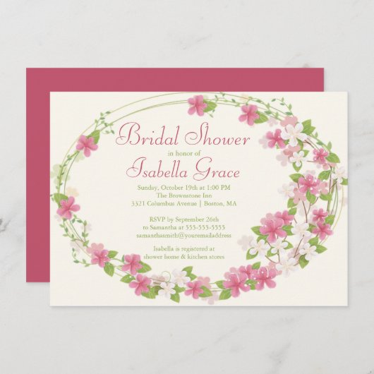 水彩ピかわいらしンクフローラリースブライダルシャワー 招待状 (正面/裏面)