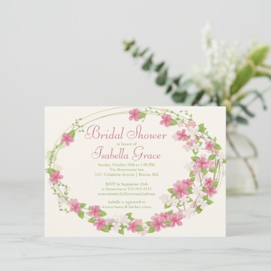 水彩ピかわいらしンクフローラリースブライダルシャワー 招待状 (スタンド正面)