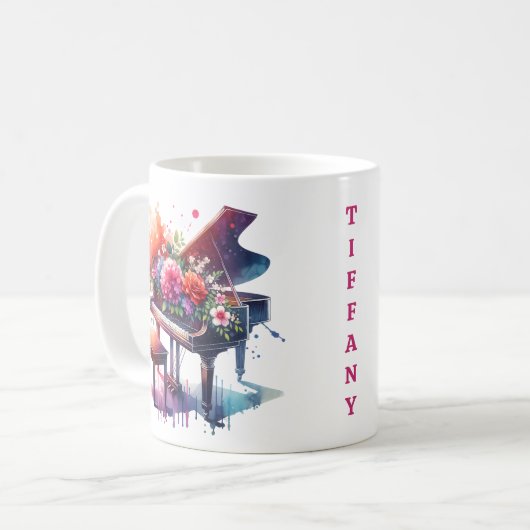 水彩ピアノと花パーソナライズされた コーヒーマグカップ (正面左)