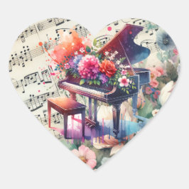 水彩ピアノと花 ハートシール