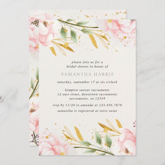 水彩ピエレガントンク及び金ゴールドブライダルシャワー 招待状 (正面/裏面)