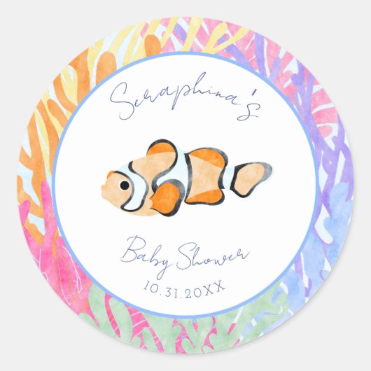 水彩ピエロ魚コーラルベビーシャワー ラウンドシール (正面)