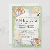 水彩ピクニック誕生日ブルージンガムパーティー 招待状 (正面)