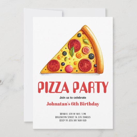 水彩ピザスライスパーティー誕生日パーティー 招待状 (正面)