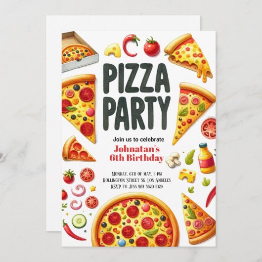 水彩ピザパーティー誕生日パーティー 招待状 (正面/裏面)