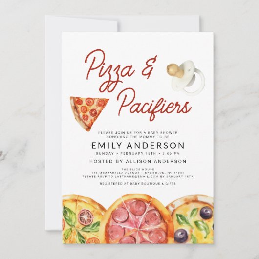 水彩ピザ&おしゃれな赤ちゃんシャワー 招待状 (正面)