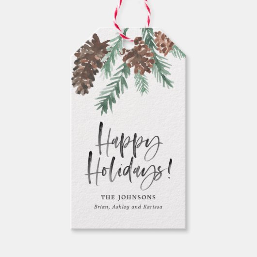 水彩ピネコーンブラシスクリプトハッピーホリデー ギフトタグ (正面)
