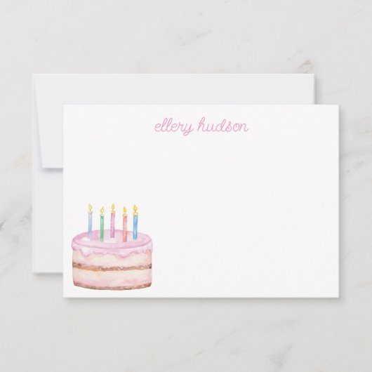 水彩ピンクお誕生日ケーキ パーソナライズされた サンキューカード (正面)