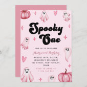 水彩ピンクかわいい幽霊不気味1歳の誕生日 招待状 (正面/裏面)