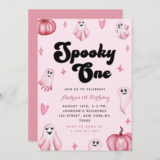 水彩ピンクかわいい幽霊不気味1歳の誕生日 招待状 (正面/裏面)