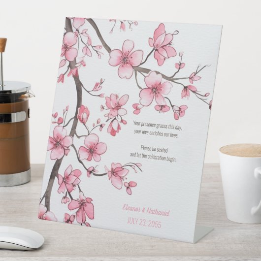水彩ピンクさくらんぼブロッサム結婚フローラ 台座サイン (インサイチュ)