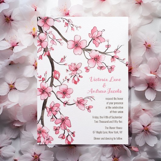 水彩ピンクさくらんぼブロッサム結婚フローラ 招待状