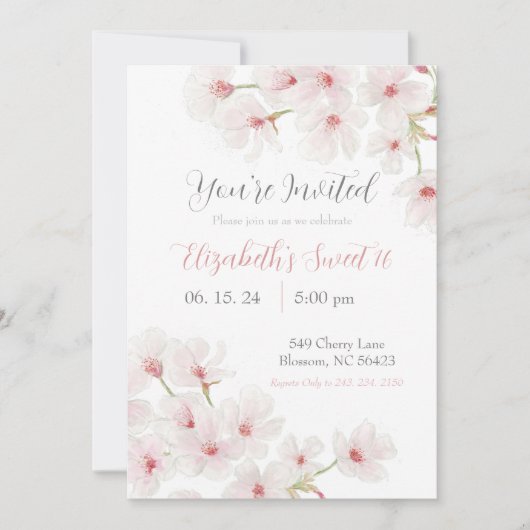 水彩ピンクさくらんぼ花ズスウィート16 招待状 (正面)