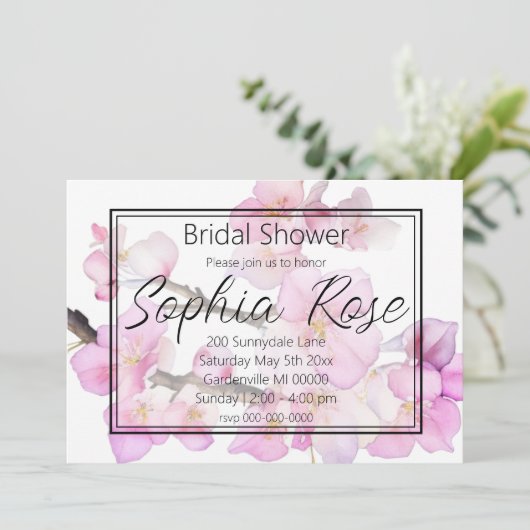 水彩ピンクさくらんぼ花ブライダルシャワー 招待状 (スタンド正面)