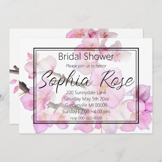 水彩ピンクさくらんぼ花ブライダルシャワー 招待状 (正面/裏面)