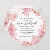水彩ピンクさくらんぼ花リースベビーシャワー 招待状 (正面/裏面)