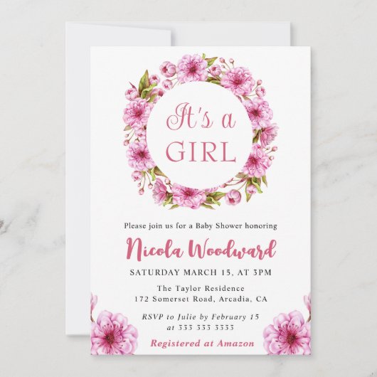 水彩ピンクさくらんぼ花リースベビーシャワー 招待状 (正面)