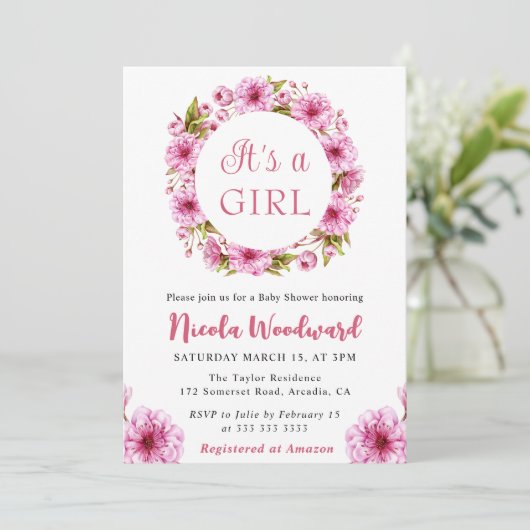 水彩ピンクさくらんぼ花リースベビーシャワー 招待状 (スタンド正面)