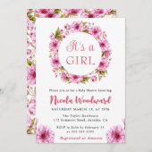 水彩ピンクさくらんぼ花リースベビーシャワー 招待状 (正面/裏面)