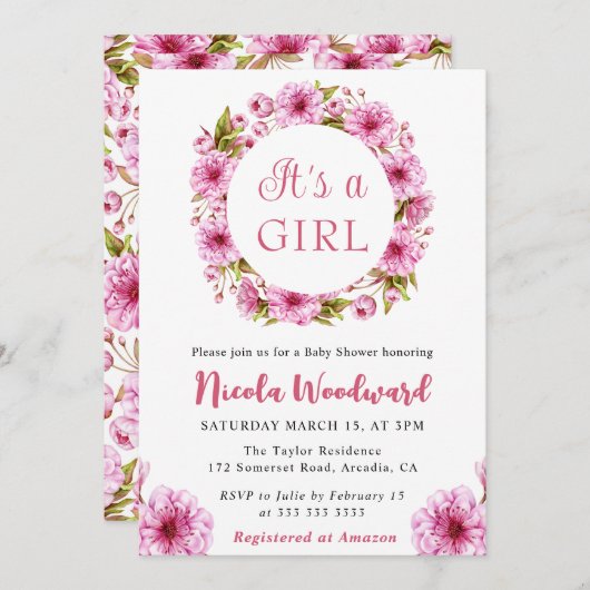 水彩ピンクさくらんぼ花リースベビーシャワー 招待状 (正面/裏面)