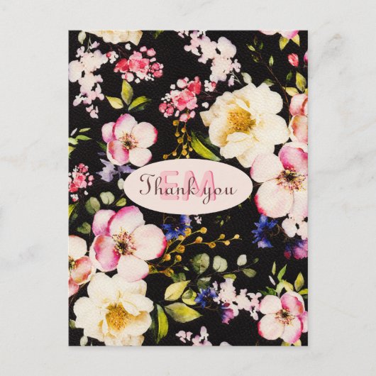 水彩ピンクとイエローのバラ on ブラック、誕生日 ポストカード (正面)