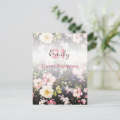 水彩ピンクとイエローのバラ on ブラック、誕生日 ポストカード (スタンド正面)