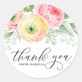 水彩ピンクとイエローランキュラスありがとう ラウンドシール