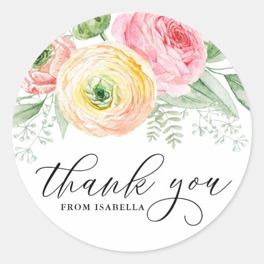 水彩ピンクとイエローランキュラスありがとう ラウンドシール (正面)
