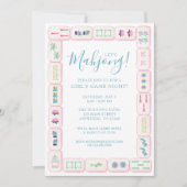 水彩ピンクとグリーンの麻雀タイルパーティー 招待状 (正面)