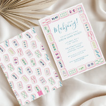 水彩ピンクとグリーンの麻雀タイルパーティー