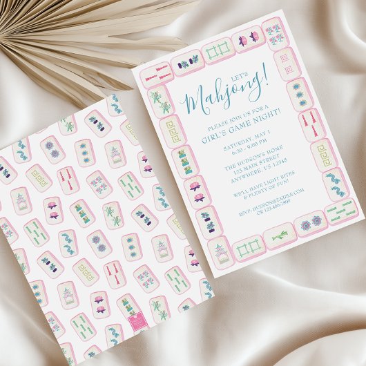 水彩ピンクとグリーンの麻雀タイルパーティー 招待状