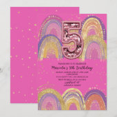 水彩ピンクとゴールドの星 誕生日パーティー 招待状 (正面/裏面)