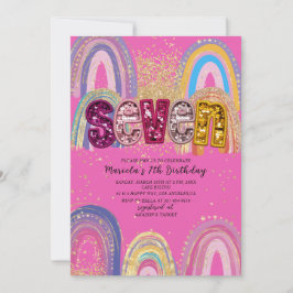 水彩ピンクとゴールドの星　誕生日招待状 招待状