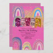 水彩ピンクとゴールドの星　誕生日招待状 招待状 (正面/裏面)