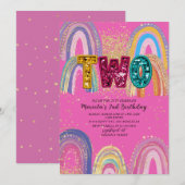 水彩ピンクとゴールドの星  誕生日招待状 招待状 (正面/裏面)