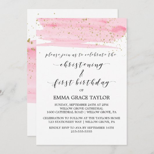 水彩ピンクとゴールドの洗礼と1歳の誕生日 招待状 (正面/裏面)