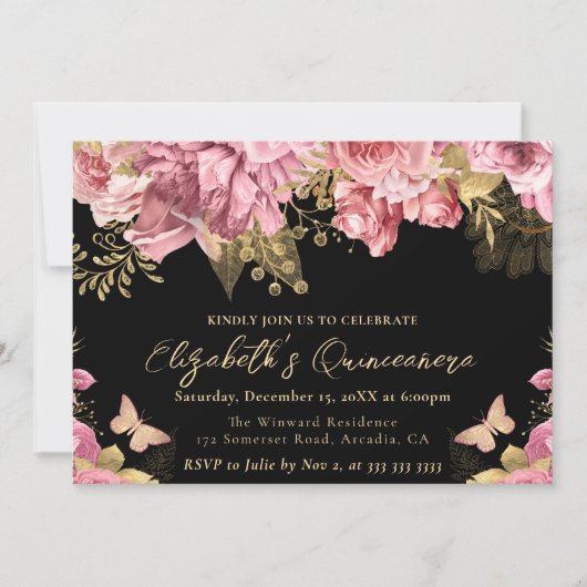 水彩ピンクとゴールドの花のキンセアニエラ 招待状 (正面)