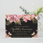 水彩ピンクとゴールドの花のキンセアニエラ 招待状 (スタンド正面)