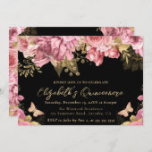 水彩ピンクとゴールドの花のキンセアニエラ 招待状 (正面/裏面)