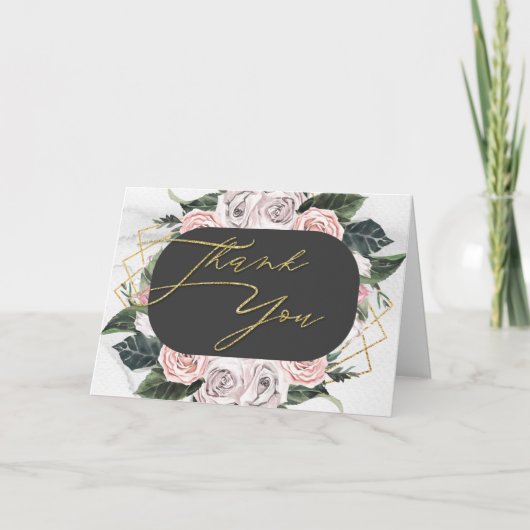 水彩ピンクとゴールドの花のバラの感謝カード サンキューカード (正面)