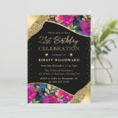 水彩ピンクとゴールドの花 21歳の誕生日 招待状 (スタンド正面)