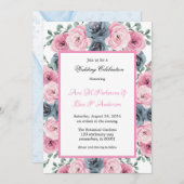 水彩ピンクとダスティーブルーの花の結婚式 招待状 (正面/裏面)