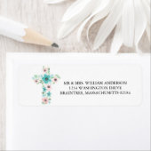 水彩ピンクとティール(緑がかった色)フラワークロス ラベル (インサイチュ)