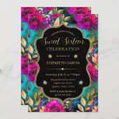 水彩ピンクとティール(緑がかった色)花甘16 招待状 (正面/裏面)