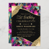 水彩ピンクとネイビーの花21歳の誕生日 招待状 (正面/裏面)