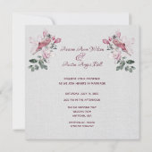 水彩ピンクとバーガンディーの花と鳥 招待状 (裏面)