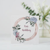 水彩ピンクとバーガンディーの花と鳥 招待状 (スタンド正面)