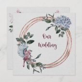 水彩ピンクとバーガンディーの花と鳥 招待状 (正面/裏面)