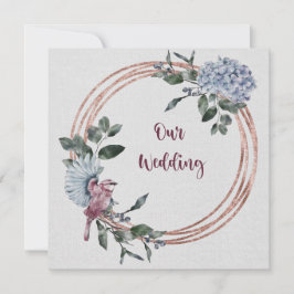 水彩ピンクとバーガンディーの花と鳥 招待状